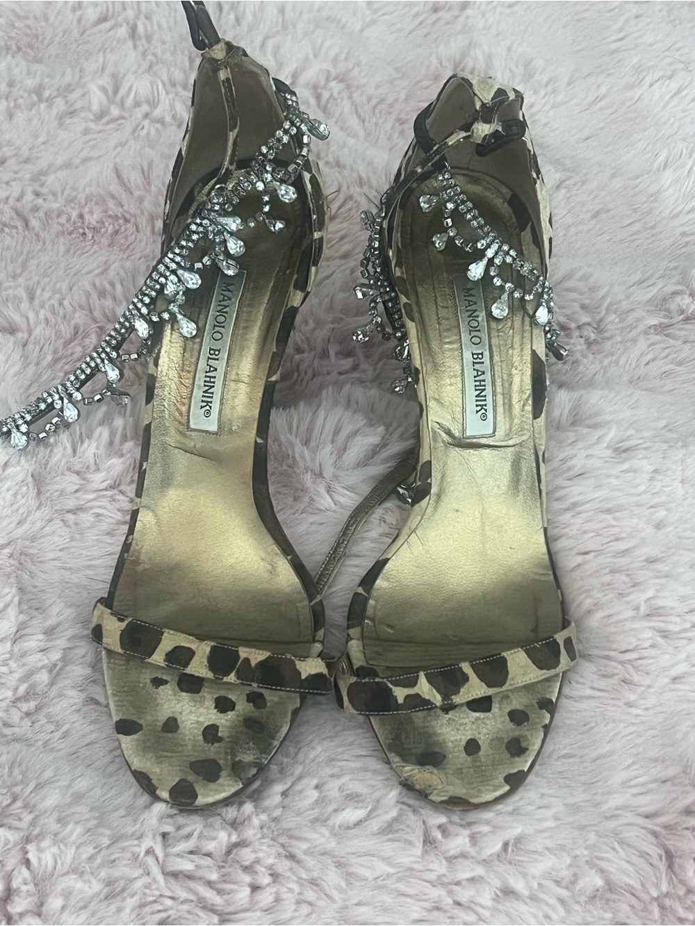 Vintage Manolo Blahnik Leopard Print Crystal Ankle-Strap heels 38.5